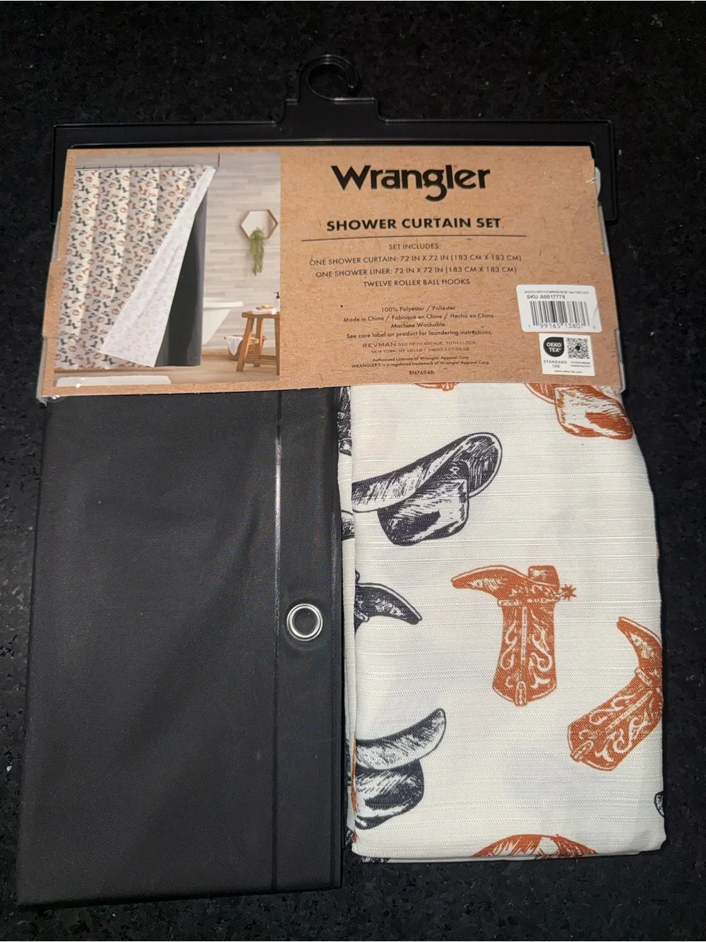 NEW Wrangler AUTUMN Pumpkin & Cowboy HAT & BOOTS Print Shower Curtain Set BLACK